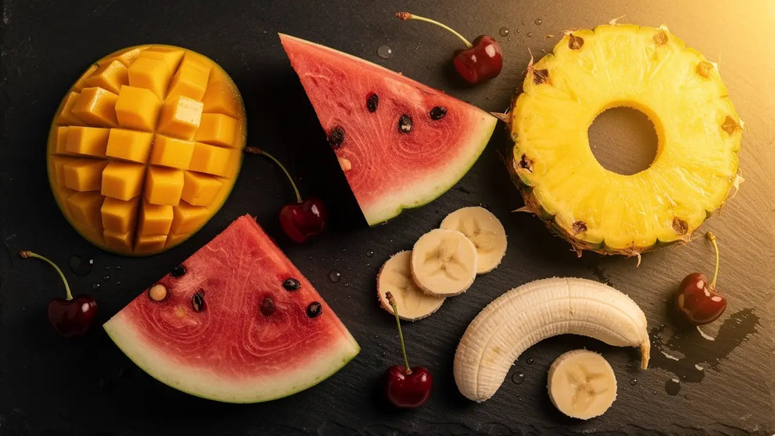 Flat lay of fresh mango, watermelon, pineapple, banana and cherries on dark slate