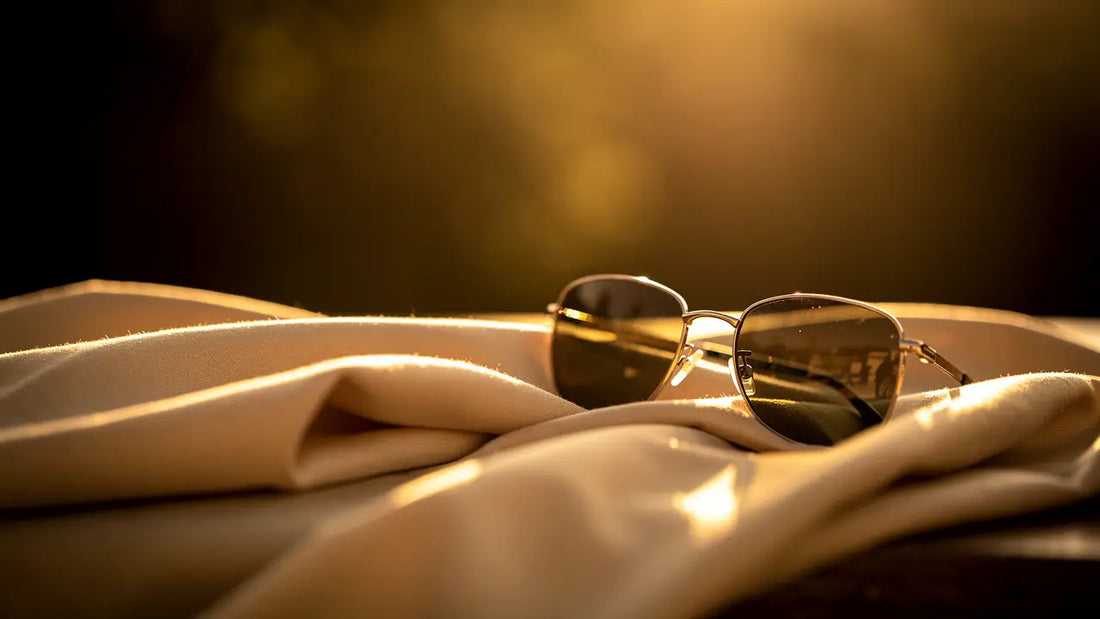 Gold-framed sunglasses resting on cream fabric in warm golden light